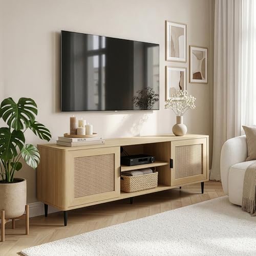 [en.casa] Meuble TV Support Télé avec 2 Compartiments de Rangement et 2 Portes Passages de Câbles Salon Chambre Stable Élégant MDF Plastique Tressé 152 x...