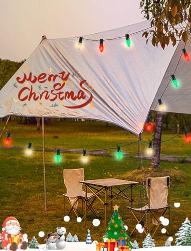 Image of C9 LED Christmas Lights Outdoor 25Ft Outdoor Christmas Decorations String Lights Waterproof with 26 C9 LED Red White and Green Bulbs, Hanging Vintage Christmas Light for Garden Party Pathway Roofline