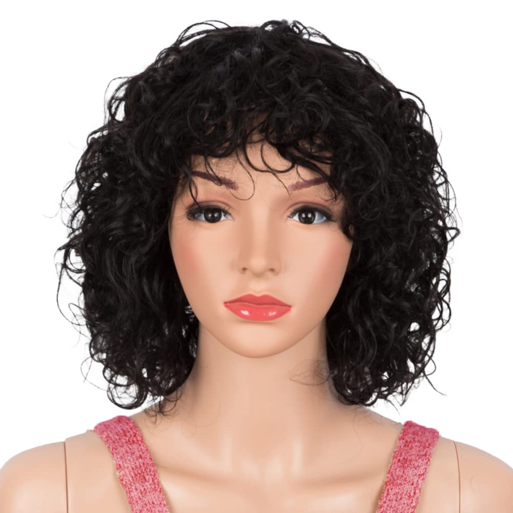 Rebecca FashionValentine’s Day Gift - Short Curly Wigs for Black Women 1B Color Wigs with Bangs 130% Density, Great for Daily Use, Valentine, Ready to Go Wig (Wigs with Bangs, BOMB, 1B)
