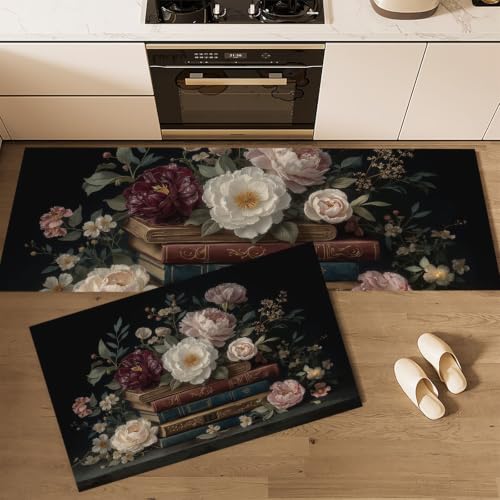 Alfombras de cocina DUOTCYELE juego de 2 piezas estilo floral europeo clásico y relieve dorado 5