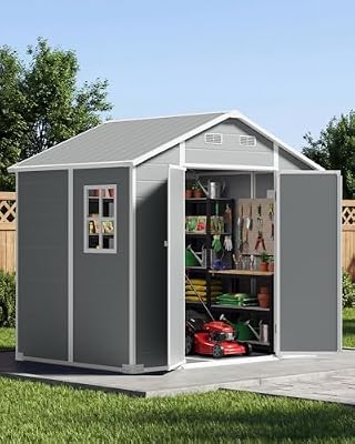 Bellefurn Outdoor Storage Shed 8x6FT, with 2 Vision Windows, Resin Shed with Floor, Outdoors Garden Tool Storage Shed for Bikes, Tools and Lawnmower