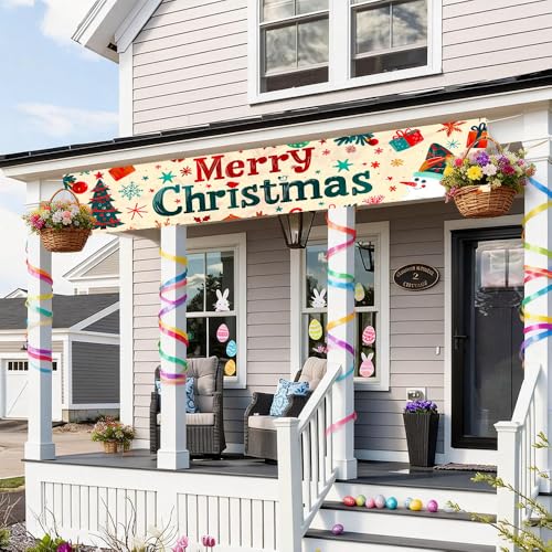 Image of Christmas Tree and Snowman Banner 78.7 x 17.7 Inch Colorful Tree Gift and Snowman Pattern Holiday Decoration for Yard Garden Fence Porch Patio or Winter Celebration Display