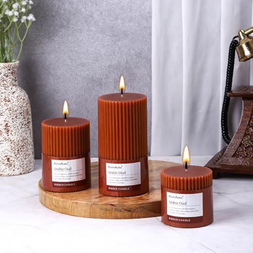Image of ASIAN AURA Ribbed Pillar Candles - Pack of 3 | Scented Candles for Home Decor, Gifting & Festive Use | Long Burn time up to 36hrs | Clean-Burning Wax & Smokeless Flame (Arabic Oud)