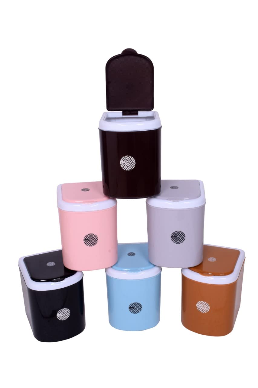 Liza Plastic Small Pull up-Lid Table Dustbin/Desk Dustbin with Attached lid (Multicolor) - Set of 6 Pieces-image-18