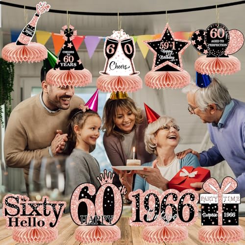 Image of 9Pcs 60th Birthday Decorations Honeycomb Centerpieces for Women, Rose Gold Pink Happy 60th Birthday Centerpieces Tables Toppers Party Decorations Supplies, Vintage 1966 Aged Table Sign Decor