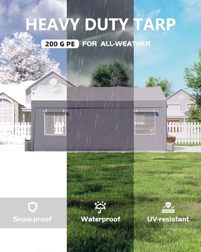 12x20 ft Carport, Heavy-Duty Portable Garage with 200G Canopy Top and 200G Sidewalls, with Sandbags and Ground Stakes for Outdoor Shelter, for for All Kinds of Vehicles, Grey