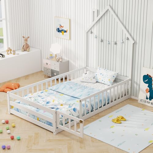 Giantex Twin Floor Bed, House-Shaped Montessori Bed Frame with Headboard, Full-Length Guardrail, Chimney & Solid Wood Structure, Without Slats, Floor Twin Bed Frames for Kids Boys Girls, White