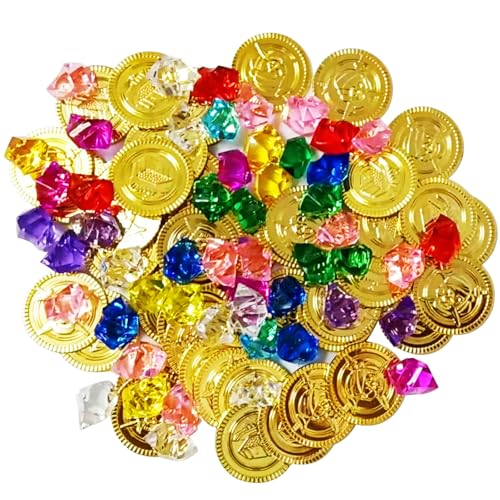 100 Pcs Niños Monedas de Oro, 200 Pcs Gemas Piratas del Tesoro, Monedas Oro Juguete, Tesoro Pirata, Piratas Cumpleaños Niños, para Cumpleaños Infantiles Piratas y Otras Ocasiones de Fiesta Pirata