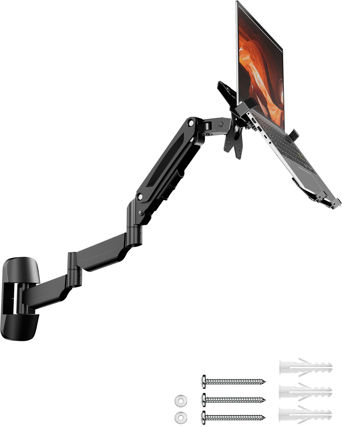 PUTORSEN Extra Lange 2-in-1 Laptop-Wandhalterung mit Abnehmbarer Ablage, 76,9 cm Gasfeder-Monitorarm, höhenverstellbar für 12–17 Zoll Laptops und 13–32 Zoll Monitore, belastbar bis 9 kg, Schwarz