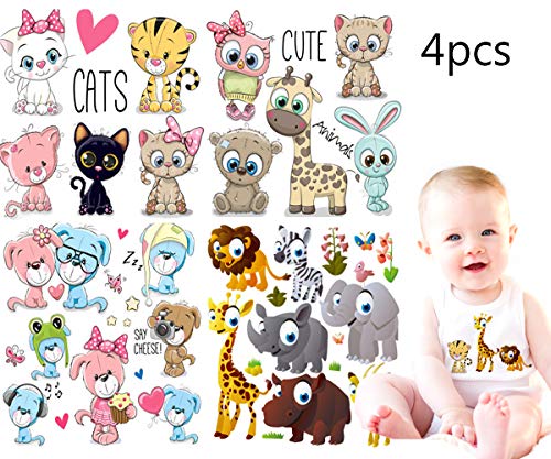 Baby Iron on Transfers Patches Kids 4 Sets Cute Cartoon Animal Giraffe, Dog