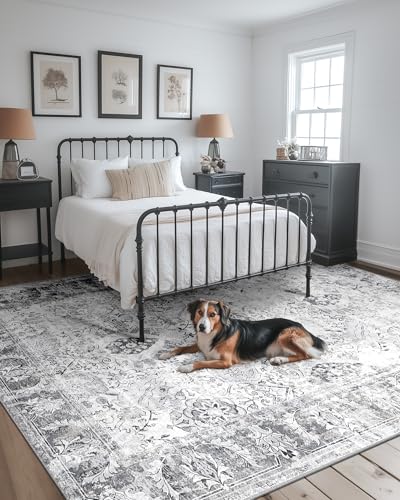 RELEANY Boho 8x10 Area Rugs Machine Washable Carpet Low Pile Non Shedding Doormat Soft Area Rugs for Living Room Bedroom Kitchen Dining Room Entryway Hallway Indoor-Grey/Black