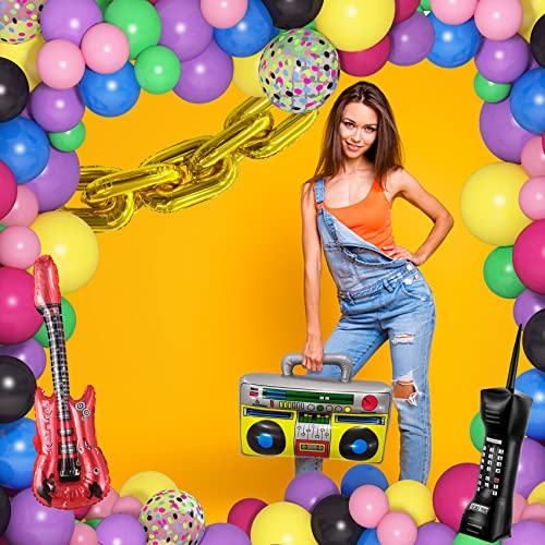 80S 90S Theme Party Decorations, 100Pcs Disco Balloon Arch Garland Kit With 12Pcs Inflatable Radio Retro Mobile Phone Guitar Gold Foil Chains Balloons Decor For Back To 80S 90S Hip Hop Birthday Party #TOP3