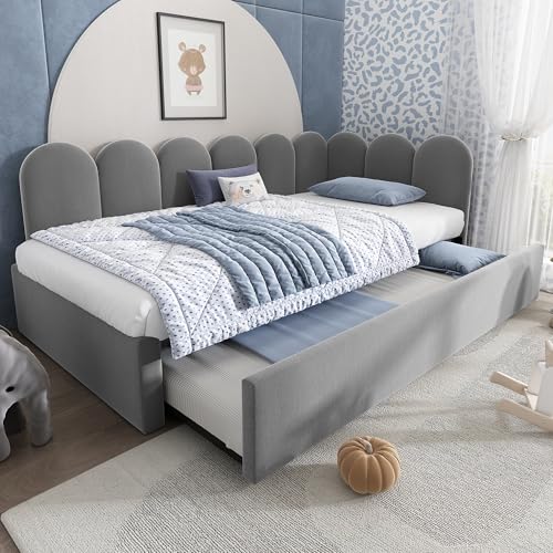 Polsterbett Tagesbett 90x200 Einzelbett mit Ausziehbett 90x190 cm, Kinderbett Jugendbett Daybett Gästebett Schlafsofa Sofabett Bettgestell mit Lattenrost aus Metall, Ohne Matratze, Samtstoff, Grau