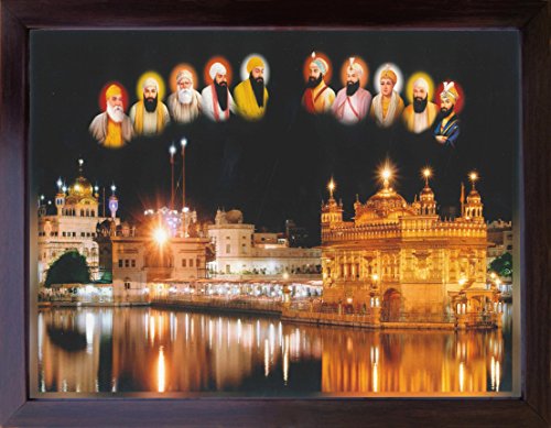 All ten Sikh guru giving blessing from sky to Holy Golden Temple in Night at Amritsar, A rare poster painting of Ten Sikh guru with Golden Temple, Sikh religious poster with framing for gurudwara Si