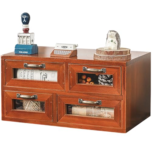 Store and Display Wooden Desk Top Organizer Cabinet - Mahogany Wood Display Chest with 4 See-Through Drawers - Additional Storage for Work Table, Vanity, Dresser Shelf or Kitchen Counter