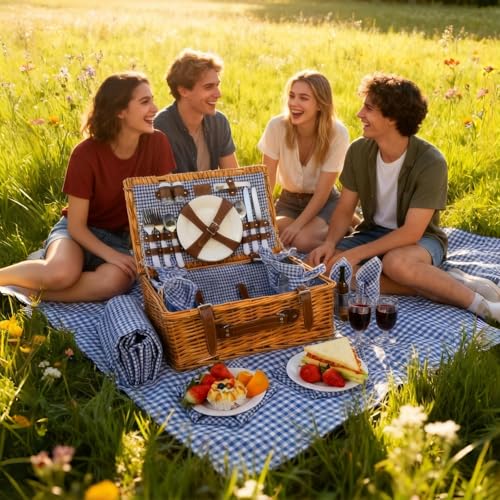 Image of Multifunctional Wicker Picnic Basket Set for 4 Blanket Family Folding Wine Table,Insulated Portable Extra Big Storage Capacity Woven Rattan Canasta De Full Tablewares Camping Outdoor Flowers Blue