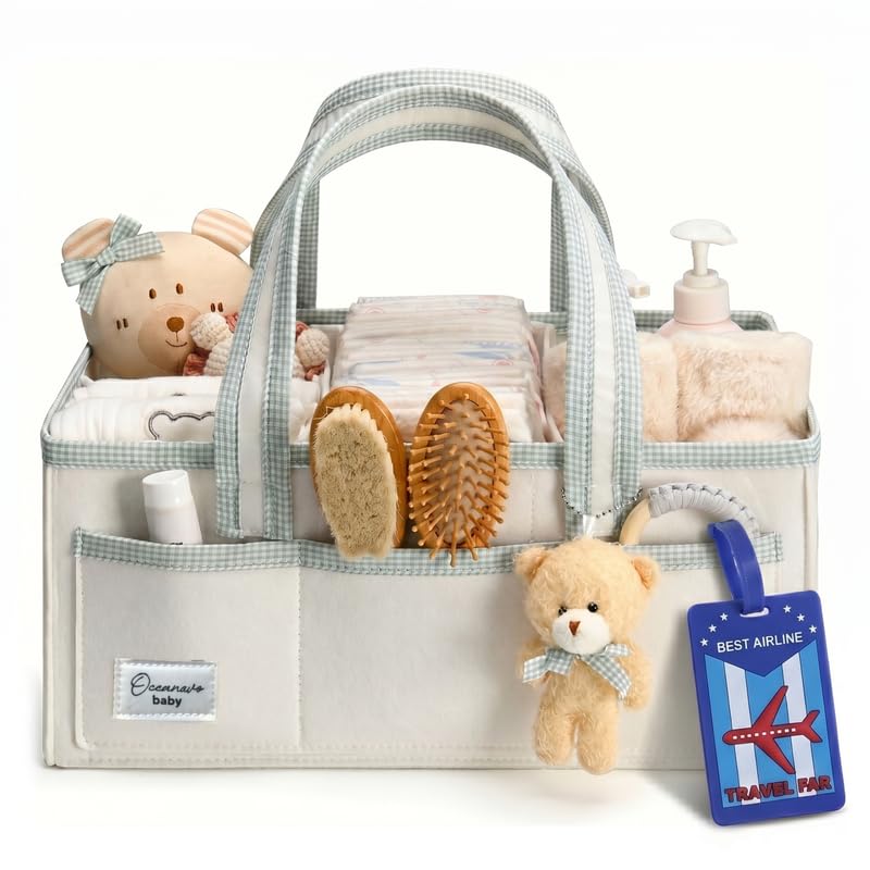 OCEANEVO Cute Felt Diaper Caddy Organiser Bag WITH Luggage Tag AND Bear Charm, Baby Basket for New Born Baby Essential Products with Compartments and Handle - 41 x 25 x 18 Cm - Green - 1 Year Warranty-image-33
