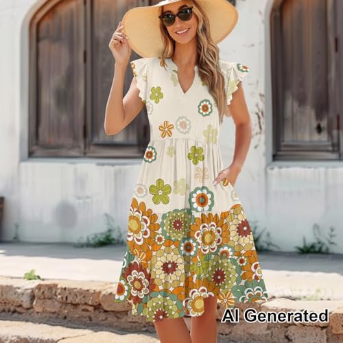 Image of Womens Summer Dress Ruffle Sleeve V Neck Dress Casual Fit Flowy Beach Vacation Sundress with Pocket S-2XL