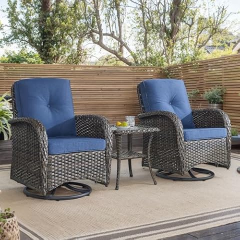 HUMMUH Outdoor Swivel Chairs,3 Pieces Patio Furniture Set with 360 Degree Wicker Swivel Rocking Chairs and Side Table for Garden,Porch,Backyard (Brown/Blue) Cover