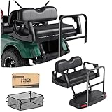 10L0L Golf Cart Rear Flip Seat for EZGO TXT 1995-Up - Custom Fit No Drill Installation, Padded Seat & Safety Grab Bar, Anti-Slip Pedals with Reflectors, Cup Holder Design, Luxury Back Seats Kit