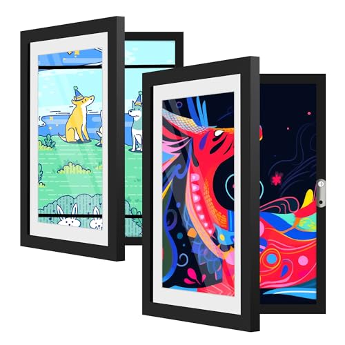 2 Pack Kids Art Frames Front Opening A4, Childrens Artwork Display Storage Frame Changeable, Child Multiple Picture Frame Drawing Hanging Art, Hold 150 PCS, Black