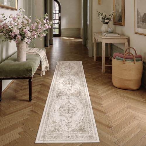 HUGEAR Vintage Beige Waschbarer Teppich 80x400cm Läufer Flur rutschfest Weich Vorzimmer Tepich Kurzflor Schlafzimmer Retroteppiche KüChe Bedroom Brücken Hallway Carpet
