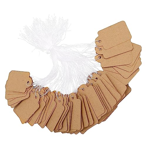Hwtcjx 200 Piezas Etiquetas Precio con Cuerda, Etiquetas de Papel Kraft, Etiqueta Vacías Marcado Kraft Pequeñas para Joyeria Ropa, Regalo, 15 x 25 mm (Blanco) (marrón, 3.5 x 2.2 cm)