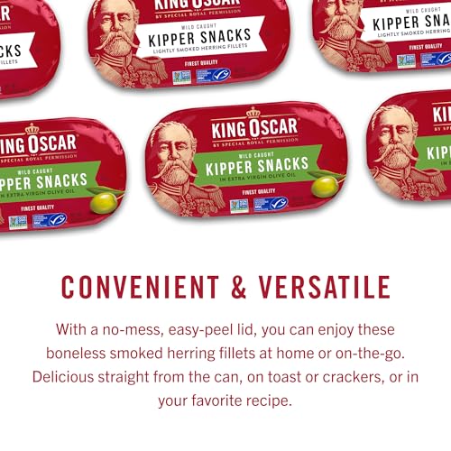 Image of King Oscar Kipper Snacks in Extra Virgin Olive Oil, 3.54 Ounce Cans (Pack of 12), Lightly Smoked Herring Fillets, Wild Caught Canned Herring
