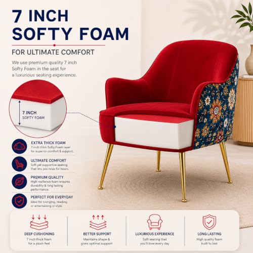 Image of Velvet Chair with Pillow for Home | Modern Accent Armchair in Soft Velvet Fabric with Golden Legs | Premium Accent Chair for Living Room Bedroom Restaurent | (Red, Big Zara)