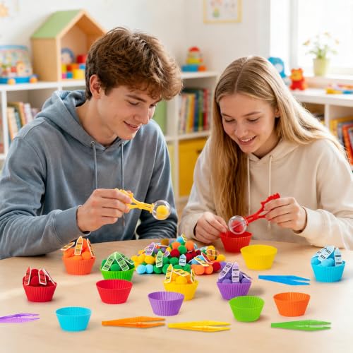 Image of EZdhuawuse Crayon Sensory Bin Fillers, 321Pcs Back to School Fine Motor Set | Counting Sorting Summer Gift for Teens Students Adults, Colorful Felt Crayons Pom Poms Cup Clip, School Education Activities