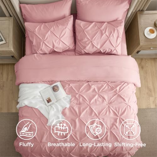 Image of Bedsure King Size Comforter Set Pink - Bed in a Bag Bedding Set 7 Pieces, GentleSoft Pintuck Bed Set Gift for Family, All Season Down Alternative Comforter with Sheets, Pillowcases & Shams