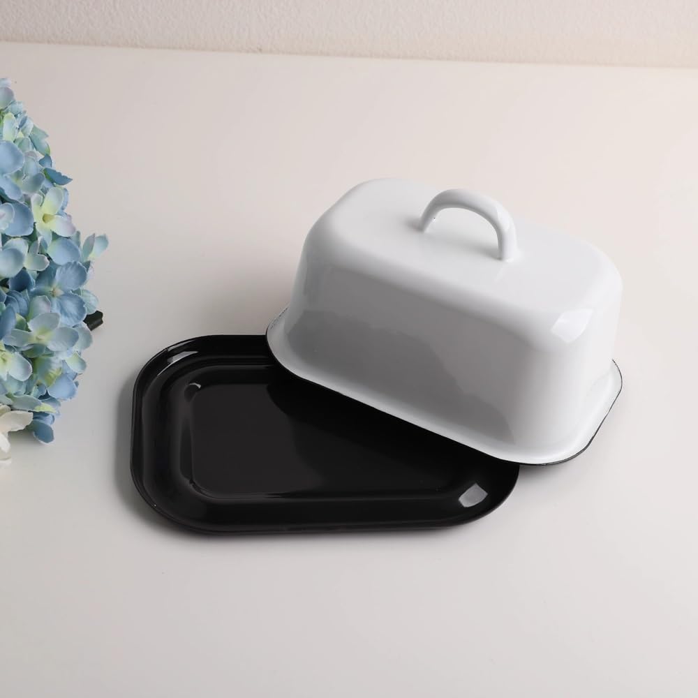 Masło pudełko Pojemnik na masło z pokrywką, taca dim sum, pudełko do przechowywania masła, czarno-biała emaliowana maselniczka