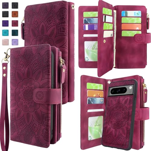 Harryshell Compatible with Google Pixel 8 Pro Case Wallet Detachable Magnetic Cover Leather Case Cover with Cash Coin Zipper Pocket 12 Card Slots Holder Wrist Strap Lanyard (Flower Wine Red)