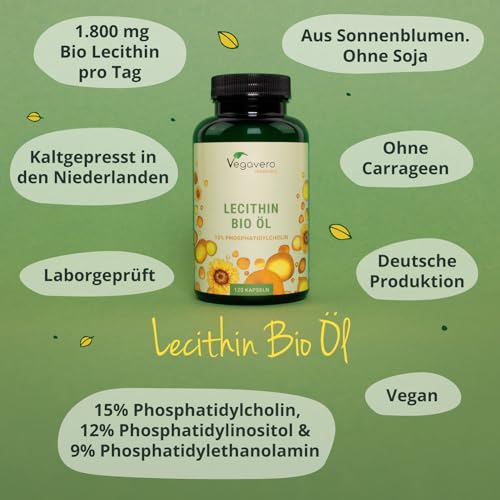 Bio Lecithin Kapseln | 1800 mg aus Sonnenblumen | Vegan | Kaltgepresst | 15% Phosphatidylcholin | kein Soja | 120 Stück | Vegavero
