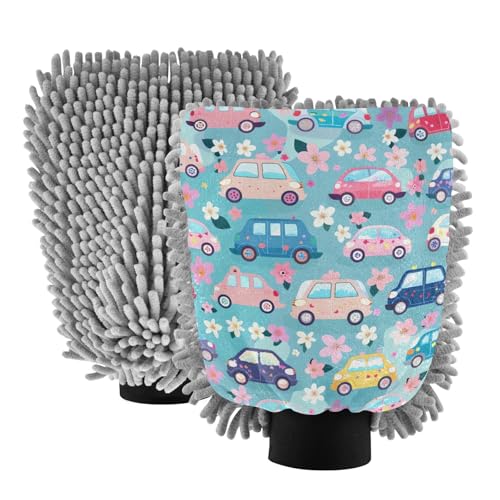IOACIY Absorbent Microfiber Car Wash Drying Mitts, 2 Pack, Scratch-Free & Lint-Free, Rich Foam, Highly Absorbent, Double Sided, Wash Mitt Perfect for Car Washing, L, Cartoon Car Pattern (7)
