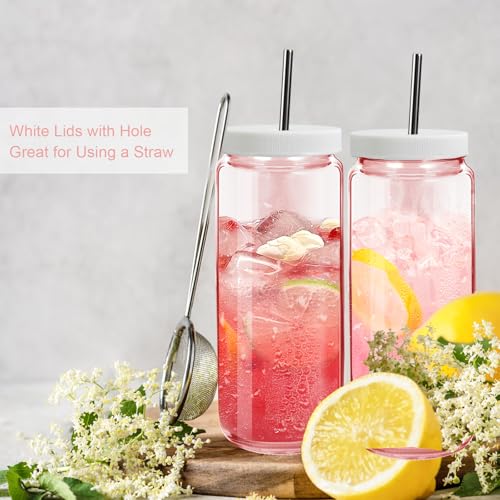 Image of Ruckae Pink 16oz 10 Pack Juice Bottles, Glass Bottles Juicing with Lids, Smoothie Cup Lids and Straws, Water Bottle Mason Jar Drinking Glasses for Juicing, Smoothies, Kombucha