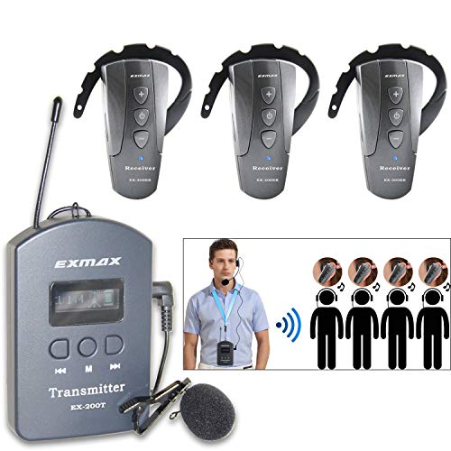 EXMAX EX-200E Transmisor y receptor de audio inalámbrico UHF para voz, sistema para interpretación simultánea en iglesias y áreas sensibles al ruido - 1 transmisor y 3 receptores miniatura 1