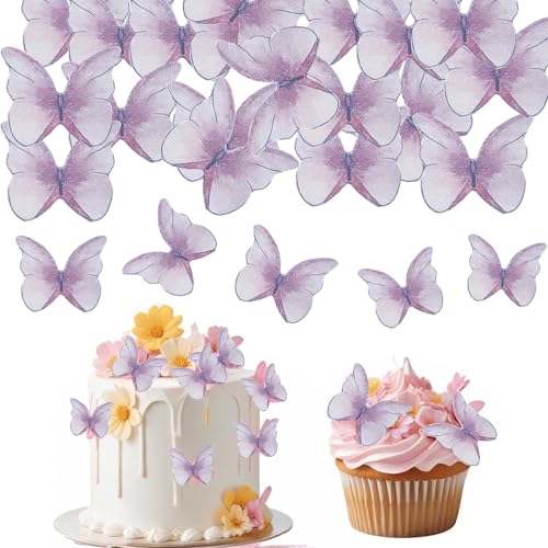 Jotia 48pcs Purple Butterfly Cake Toppers, Edible 3D Realistic Decorations for Birthday, Wedding, Cake, Cupcake, Fruit, Pie, Dessert, Cookie
