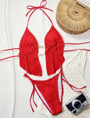 Image of ZAFUL Halter Swimsuits for Women Textured Backless 2 Piece Bathing Suits Cheeky High Cut String Tie Side Bikini Sets