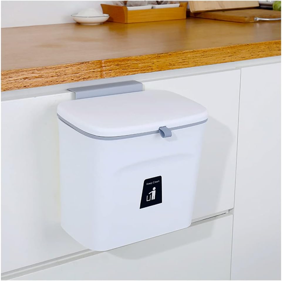 Small Kitchen Hanging Trash Can 7L With Lid?Garbage Can Home Waste Bin Domestic Rubbish Bin White