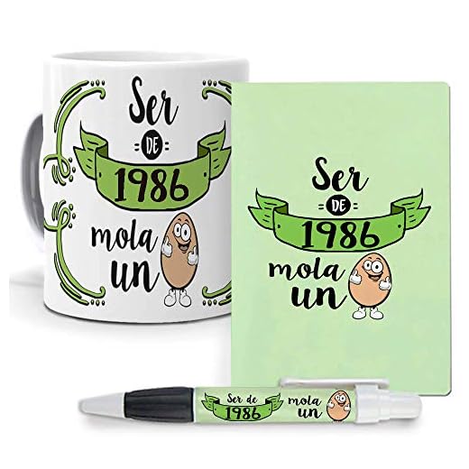 mundohuevo Pack Original y Personalizado para Regalo, Ideal para cumpleaños, con año de Nacimiento. Ser de 1986 Mola un Huevo. Libreta, boligrafo y Taza Maxima Calidad.