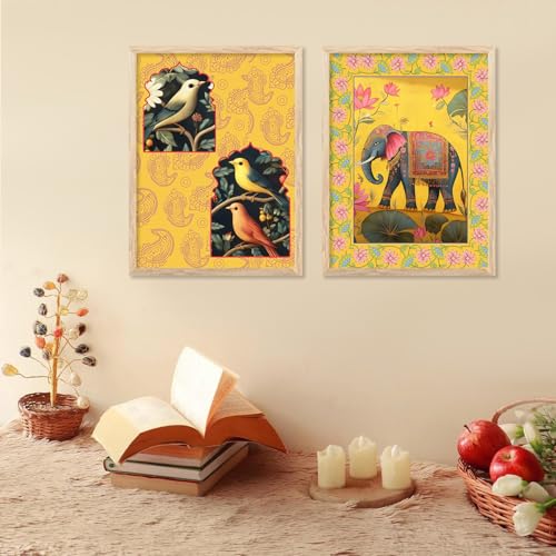 Image of kotart - Wall Paintings for Home Decoration Pichwai Art Painting for Wall Decoration Wall Poster With frames Traditional Indian Wall Art Madhubani Paintings for Living Room Indian Wall Art Home Decor Frames Framed Wall Painting for Home Room Bedroom Office Wall Decor set of 2 (Art 7, (19x25 inch), Framed)