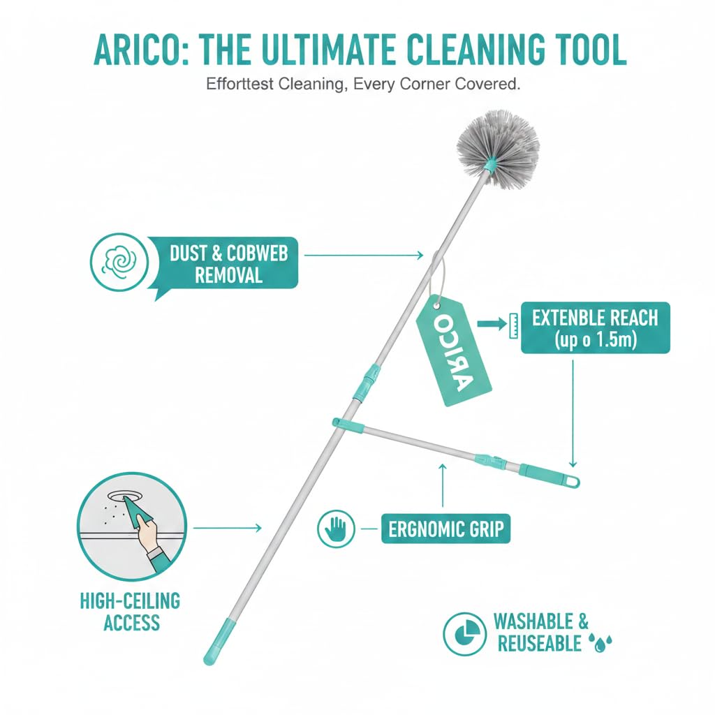 ARICO JALA Broom Cobweb Brush with Extendable Handle Featuring Long Handle for Ceiling and Roof Cleaning Dusting Brush | Soft Bristles for Gentle Yet Effective Dusting | Stainless Steel 4