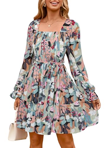 Simplee Womens Floral Long Sleeve Mini Dress Boho Square Neck Smocked Short Flowy Summer Wedding Guest Dresses Beach Vacation Green XL