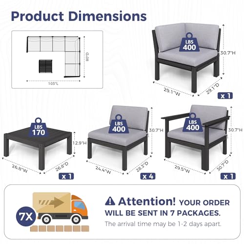 Image of Modular Outdoor Patio Conversation Set, 7-Piece L-Shaped Sectional Sofa Set with Coffee Tables & Thick Cushions, Easy Side Interlock, HIPS All-Weather Patio Furniture Set for Backyard, Deck, Poolside