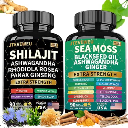 JTEVEweu Shilajit and Sea Moss Ashwagandha Combo Bundle- Sea Moss Black Seed Oil Ashwagandha Ginger & Shilajit Rhodiola Rosea All in 1 Supplements 180 Capsules