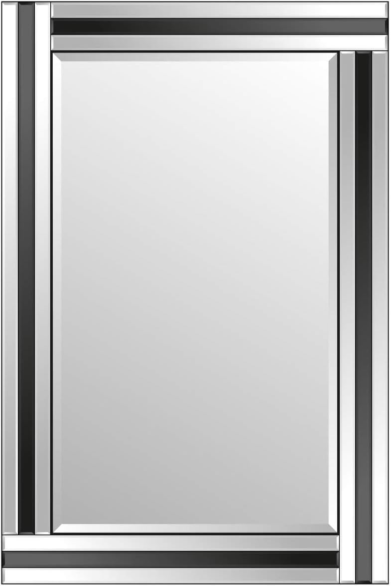 Modern Art Deco Black & Clear Rectangular Strip Wall Mirror - 90 x 60cm