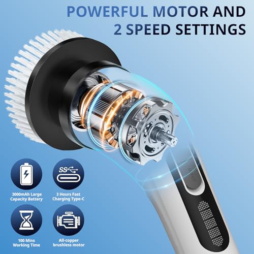 FYDEE Elektrische Reinigungsbürste, Putzbürste Elektrisch mit 7 Bürstenköpfen und Verstellbarem Griff, IPX7 Wasserdicht, 2 Geschwindigkeiten, Akku-Reinigungsbürste für Badezimmer, Fliesen, Küchenherd