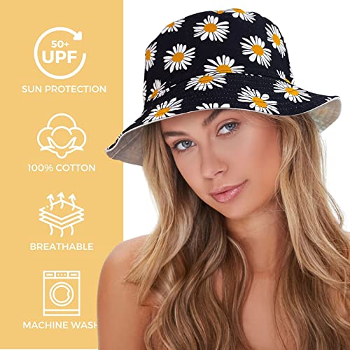 Accsa Womens Bucket Hat Summer Wide Brim White Yellow Flower Reversible Bucket Hat thumb #3
