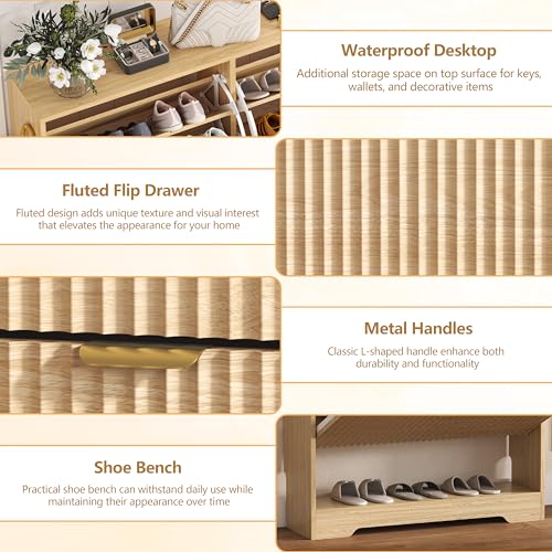 Image of HUANLEGO Shoe Cabinet Storage for Entryway with 2 Flip Drawers, Fluted Shoe Cabinet with Open Storage, Wooden Hidden Shoe Rack Freestanding Narrow Slim Shoe Organizer for Hallway, Entrance